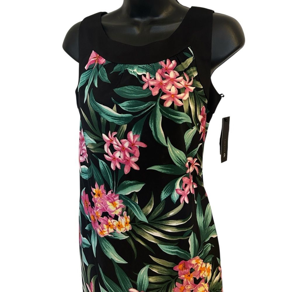 NWT AB STUDIO Womens Hawaiian Floral Print Sheath Dress Black Pink Green Size 4